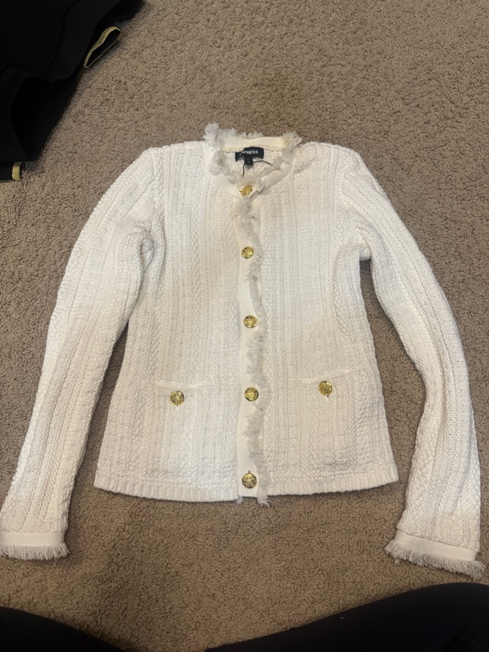 Express White Tweed Jacket with Gold Buttons